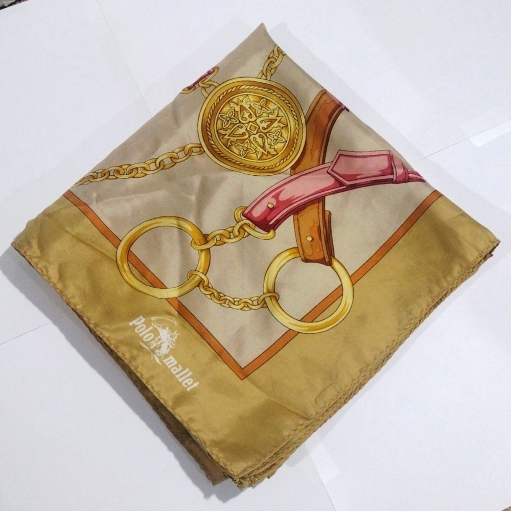 Polo Mallet Silk Scarf Gold Pink Brown Chain Belt Print Luxury Designer Accessor